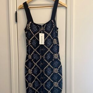 Heartloom Navy and Cream Geometric Floral Midi Dress NWT Sz M